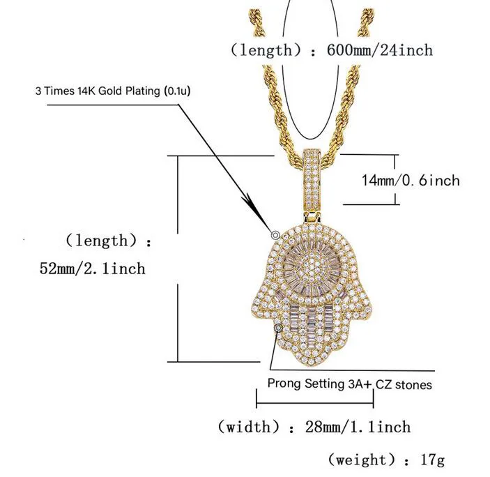 Iced Out Hand of Fatima Hamsa Pendant Necklace CZ Copper Top Quality Cubic Zircon Bling For Men Women Hip Hop Gifts3033