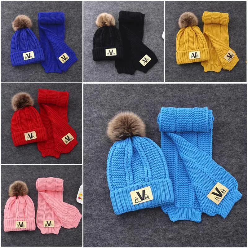 Beanie Skull Caps 2st Scarf Hat Set Sticked Kids Toddler Winter Warm Beanie med Pompom för pojkar flickor 2-6 år283i