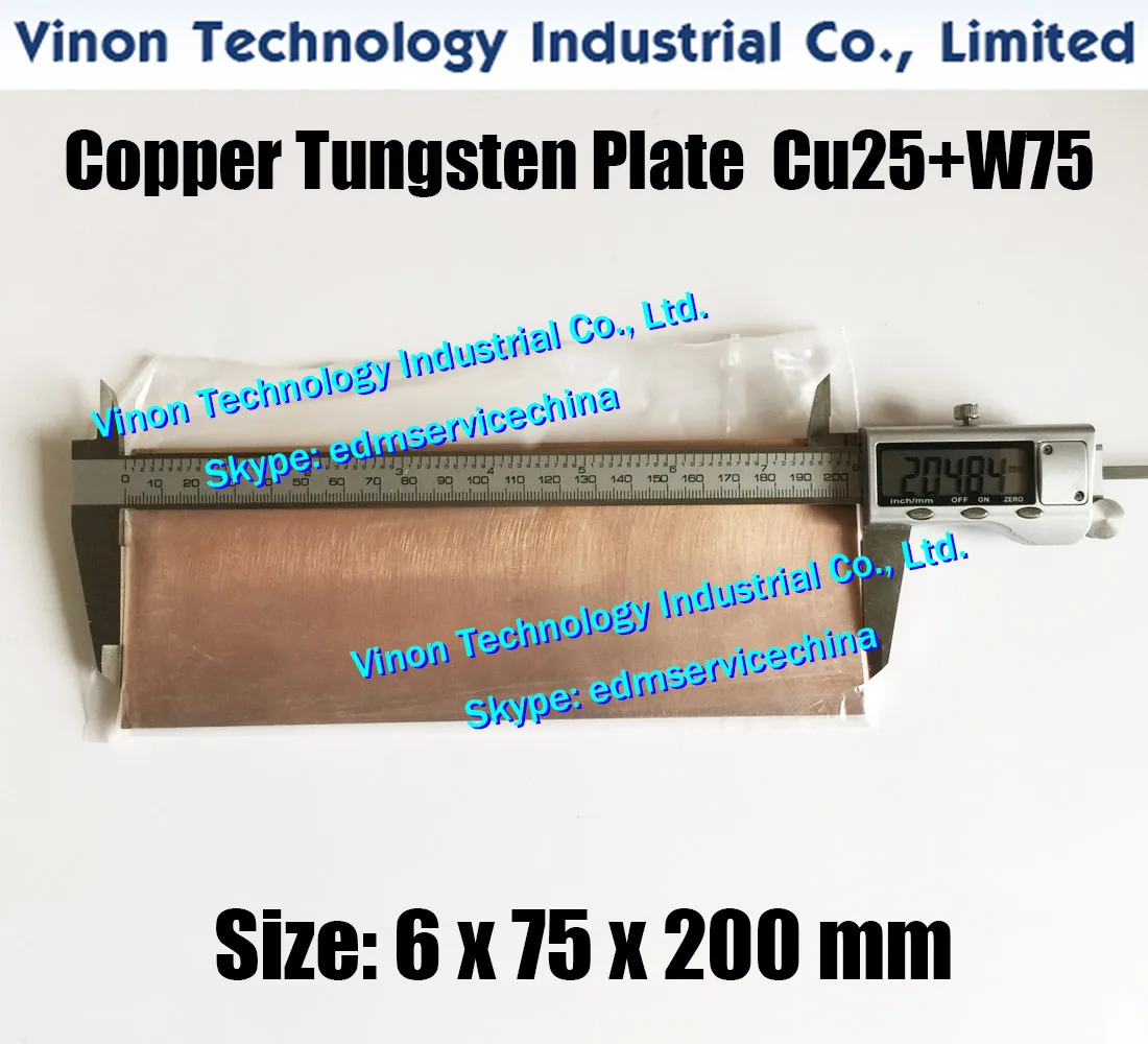 (1 pc embalagem) 6x75x200mm placa de tungstênio de cobre CUW75 (W75 + CU25), EDM Tungsten Copper Eletrodo W75, Elétrico Spark Tungsten Bloco de Cobre Liga