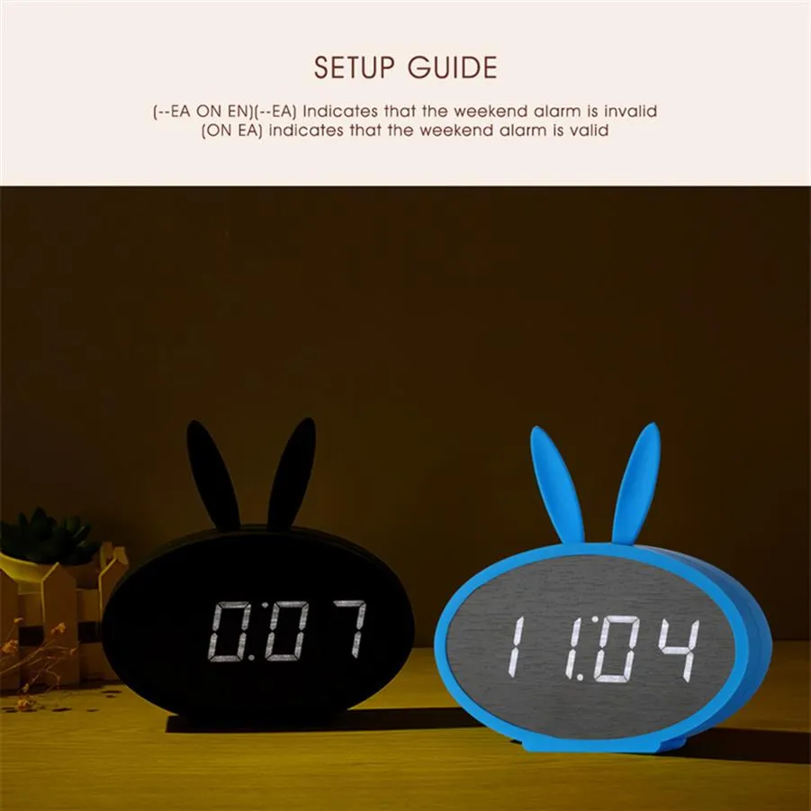 Amerikaanse voorraad cartoon bunny oren led houten digitale wekker spraakcontrole thermometer display blue426j