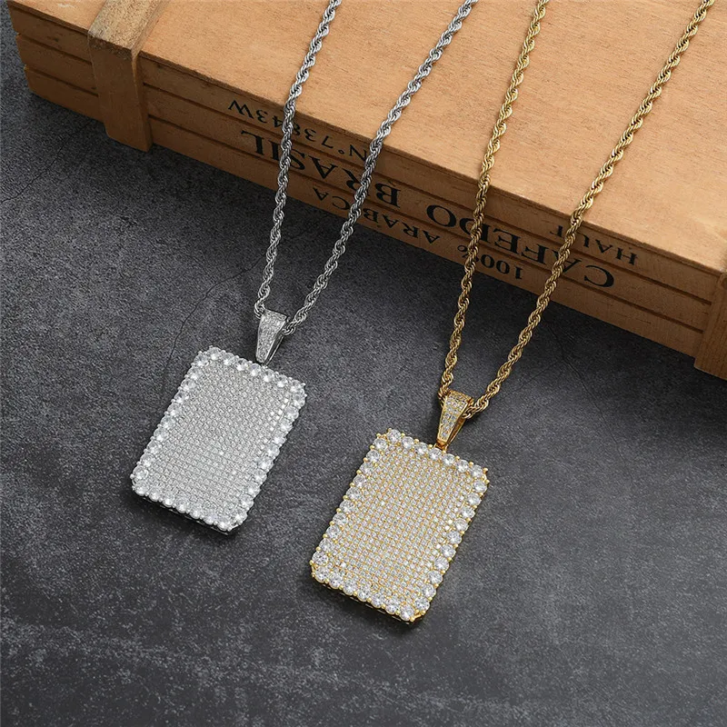 Iced Out Square Full Zircon Military Necklace Pendant Necklace Gold Silver Plated Mens Hip Hop Jewelry Gift2513