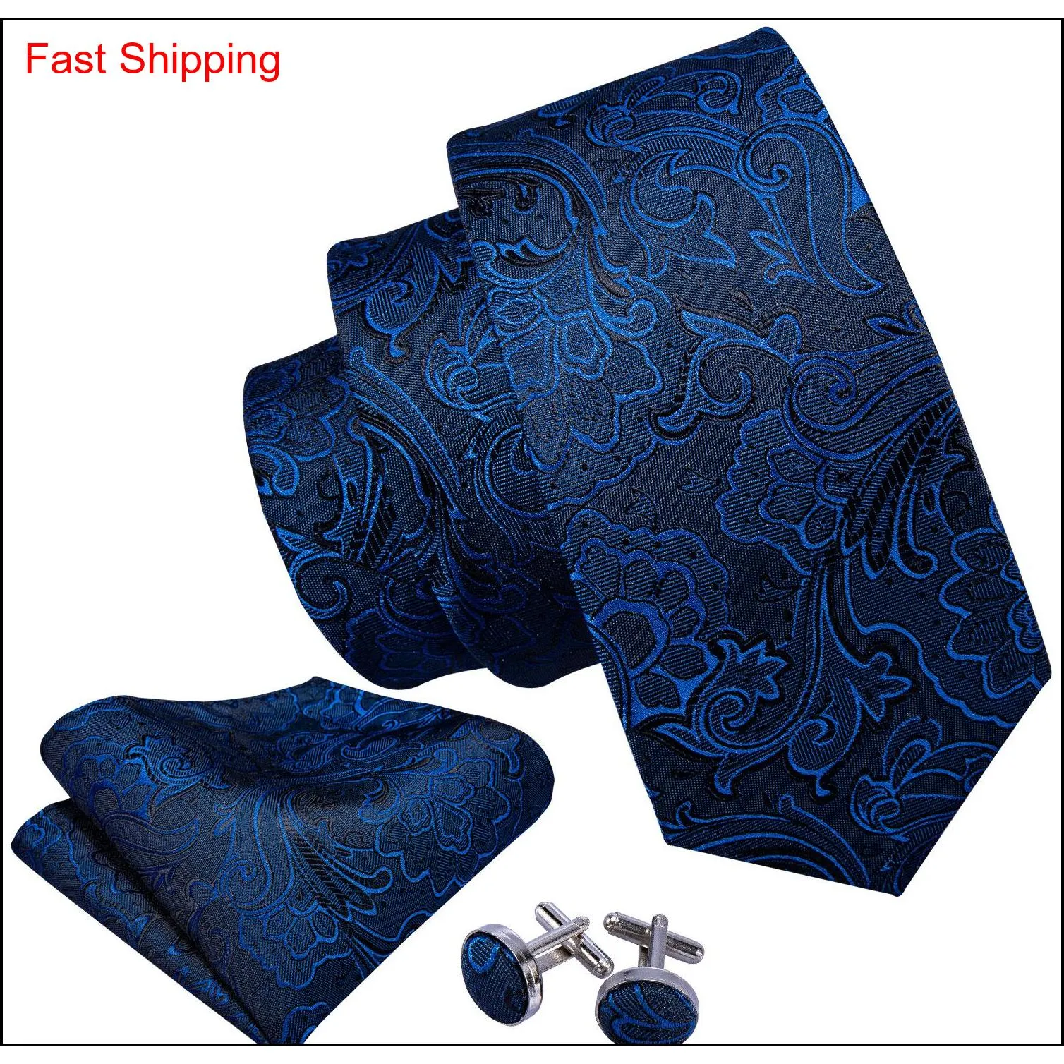 Быстрые мужские связывания 100% шелковые дизайнеры мода темно -синий цветочный галстук хэкки наборы запонок для мужчин формальный свадебный жених 297t