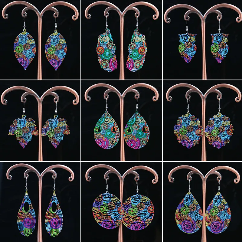 Isang European American Fashion Multicolor Drop Earrings Metal Color Hollow Traditional Style Earring For Women Jewelry Gift