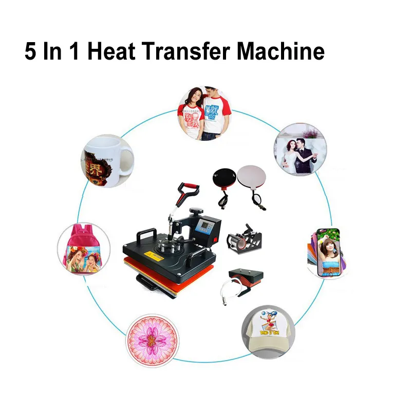 5 en 1 Machines de transfert de chaleur 29 * 38cm DIY Hey Press Press machine Combo Sublimation Imprimer pour Tasse Cap Tshirt Coque Téléphone