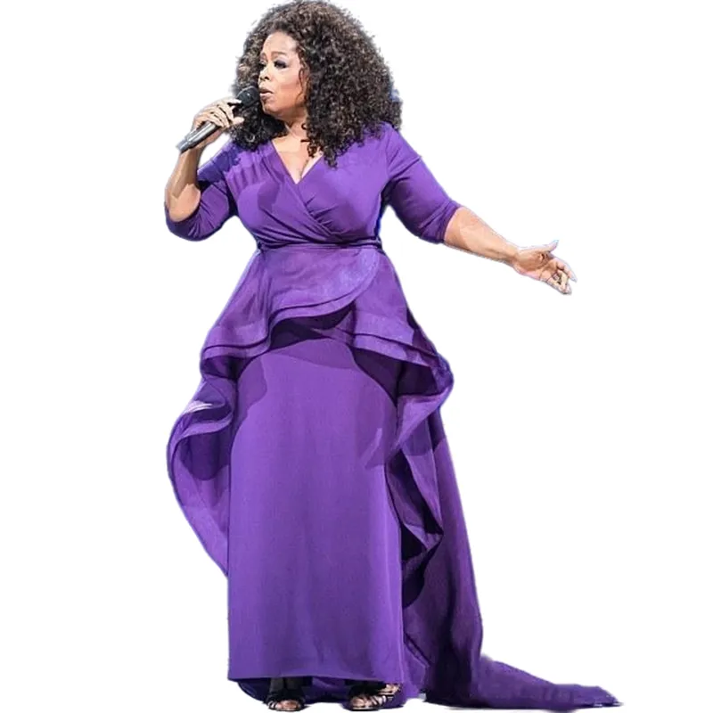 OprahWinfrey Purple Full Length V-Neck Purple Occasion Dress with Court Train - Formal Party Gown for Mother, Plus Size Sheath Celebrity Prom Dress