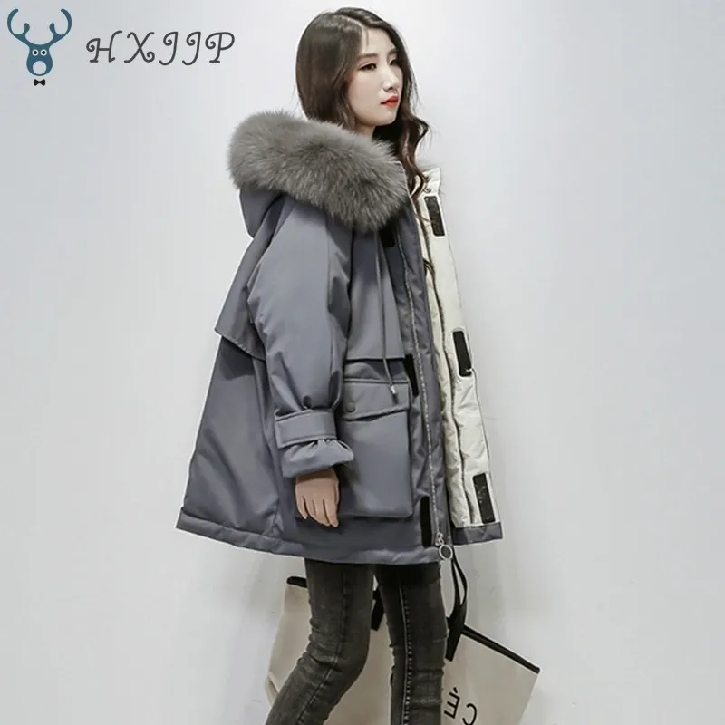 HXJJP Grand Naturel Fourrure De Renard À Capuche Veste D'hiver Femmes 90% Duvet De Canard Blanc Épais Parkas Chaud Sash Tie Up Manteau De Neige 201029