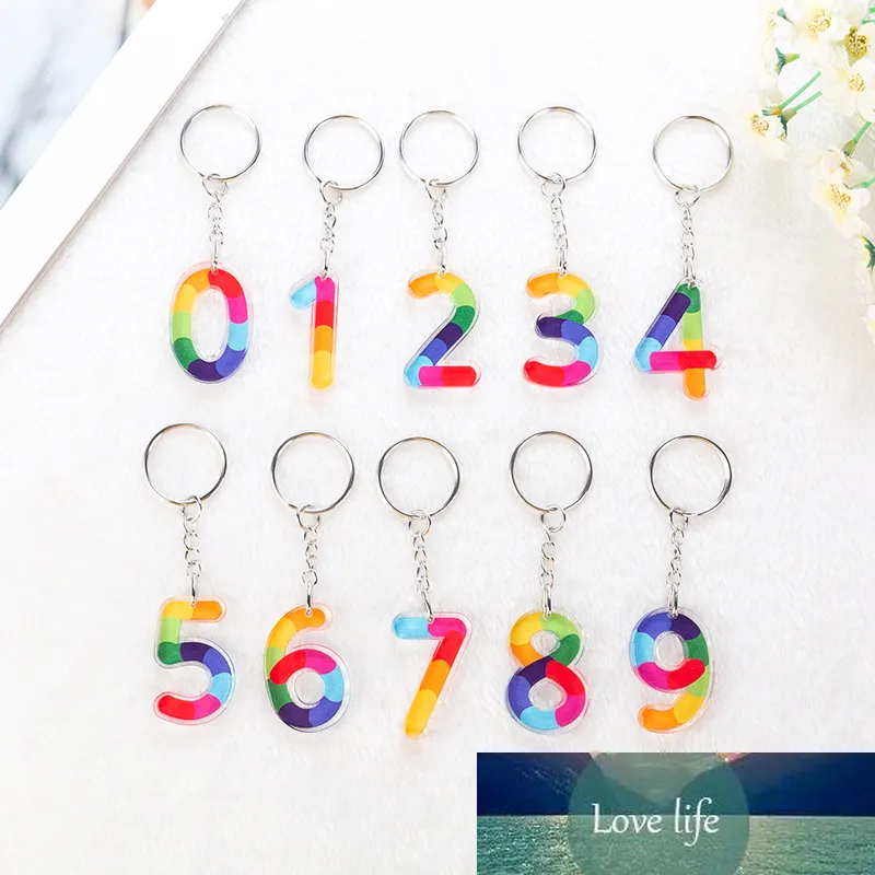 1pc kvinnor nyckelringar 10 akryl regnbåge arabiska siffror handväska figur nyckelring charms söta siffra form keychain