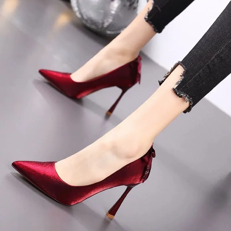 Lady Sexy vin rouge sans lacet élégant talons aiguilles avec nœud papillon arrière femmes décontracté doux boîte de nuit chaussures à talons A6705