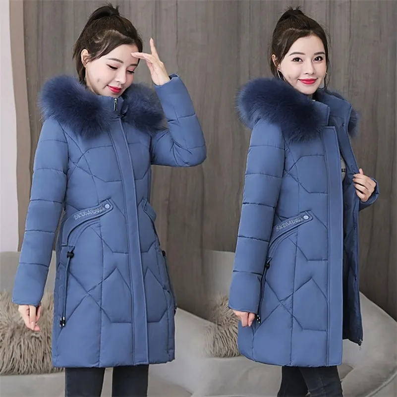 SWREDMI 겨울 자켓 여성 새로운 패션 대형 모피 칼라 겨울 코트 후드 롱 코튼 패딩 의류 숙녀 플러스 크기 4XL 201217