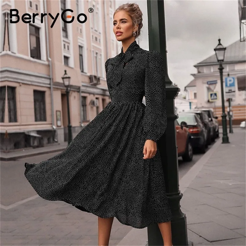 Berrygo Polka Dot Blackエレガントなドレス女性ランタンスリーブネクタイネックロングドレス春Aラインオフィスレディースパーティードレスvestido LJ200820