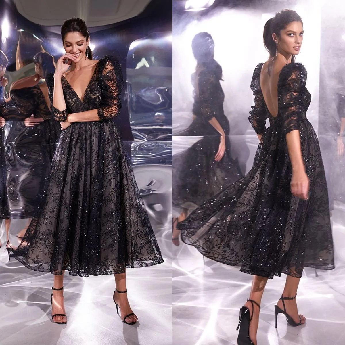 2021 Black Lace aftonklänningar Sparkly paljetter TEA LÄNGD En linje Sexig rygglös med 3/4 långa ärmar Custom Made Prom Party -klänningar Vestidos 403 403