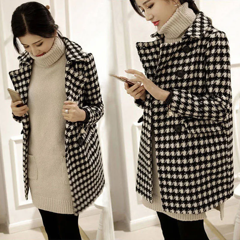Cappotto In Lana Scozzese Femminile Elegante Outwear Invernale
