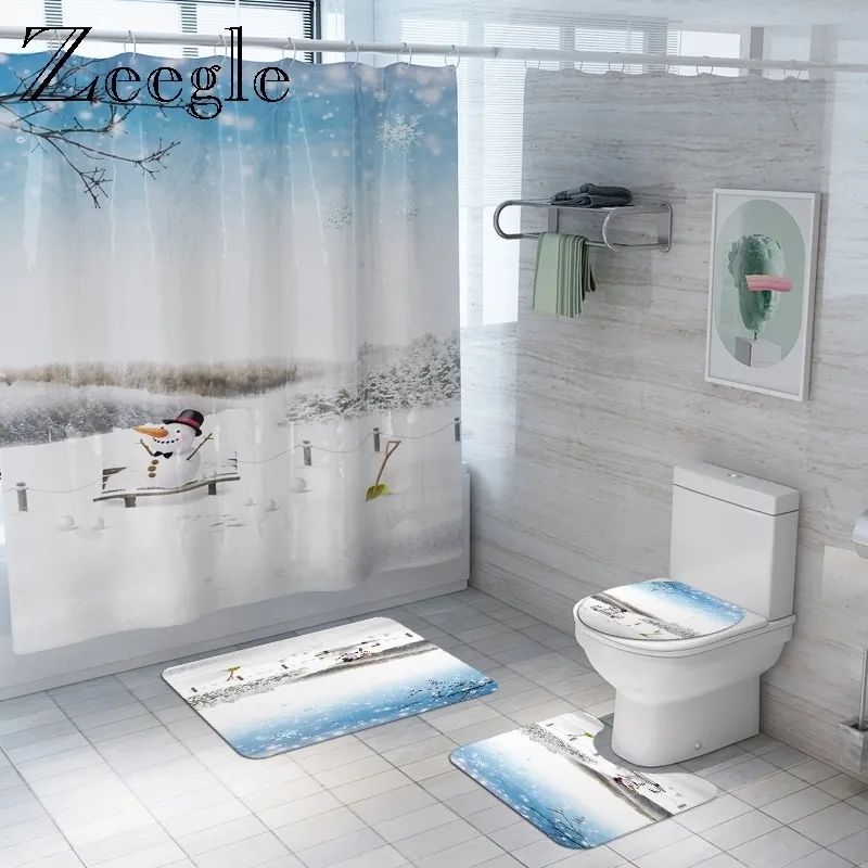 Zeegle Printed Snow Men Bath Mat Set Toilet U Type Rug Anti-slip Bath Doormat Floor Rug Toilet Decor Rug Set Lid Toilet Cover
