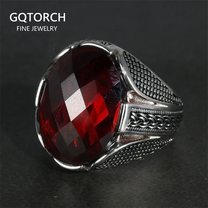 Echte pure 925 sterling zilveren ringen met rode kleur zirkoon steen gefacetteerde trouwringen voor mannen vintage Turkse sieraden 201218