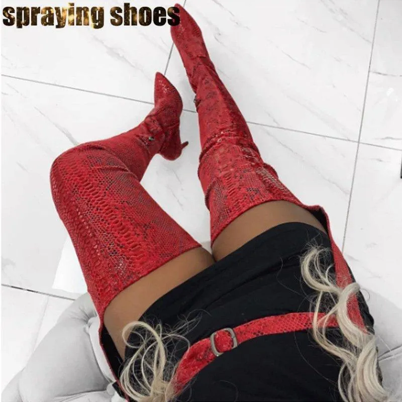 Sexy Ladies Winter Boots Red Snakeskin Thigh Boots For Women Stretch Leather Belted Chap High Heel Shoes Crotch High1