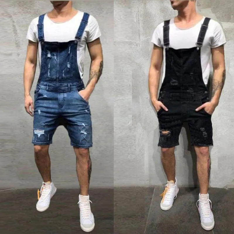 2021 Oversize Fashion Men's Ripped Jeans Jumpsuits Shorts Summer Hi Street Distressed Denim Bib Overaller för Man Suspender Byxor