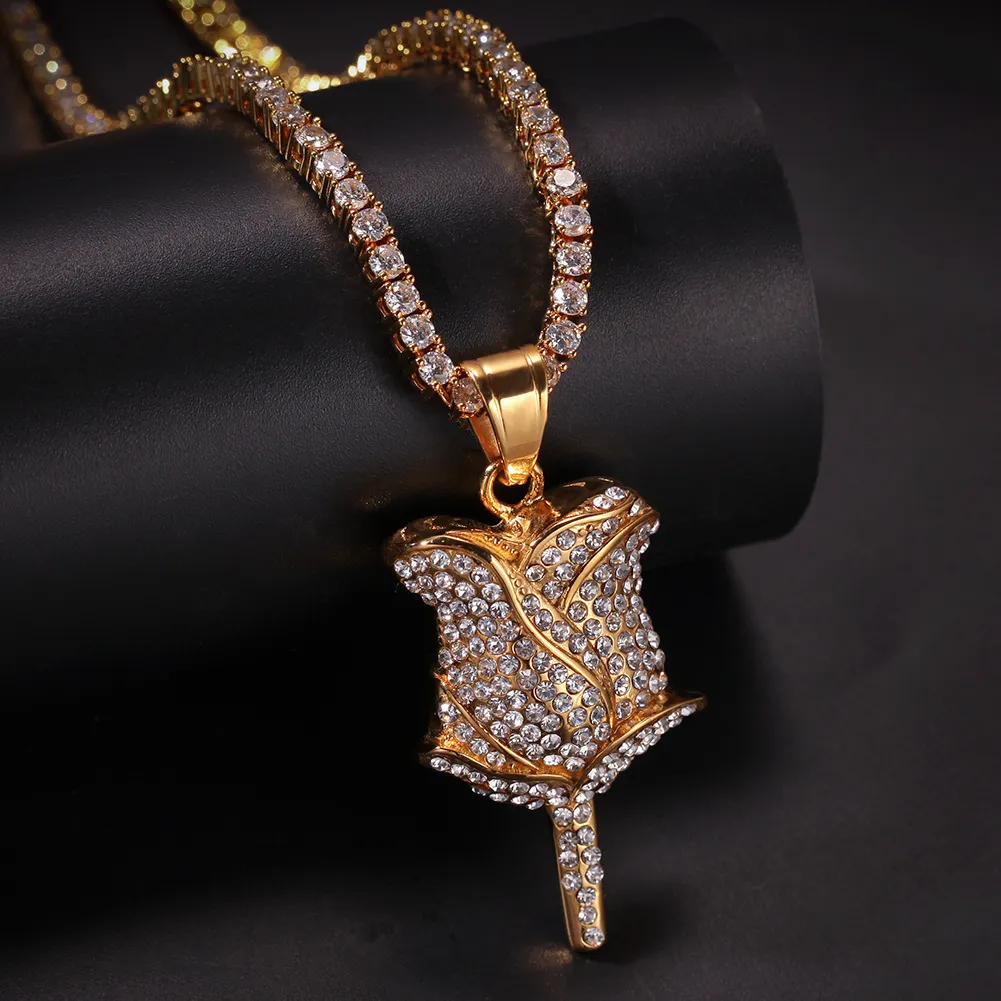 Hip Hop Rose Fleur Pendentif Collier Iced Out Bling Hommes Bijoux Colliers