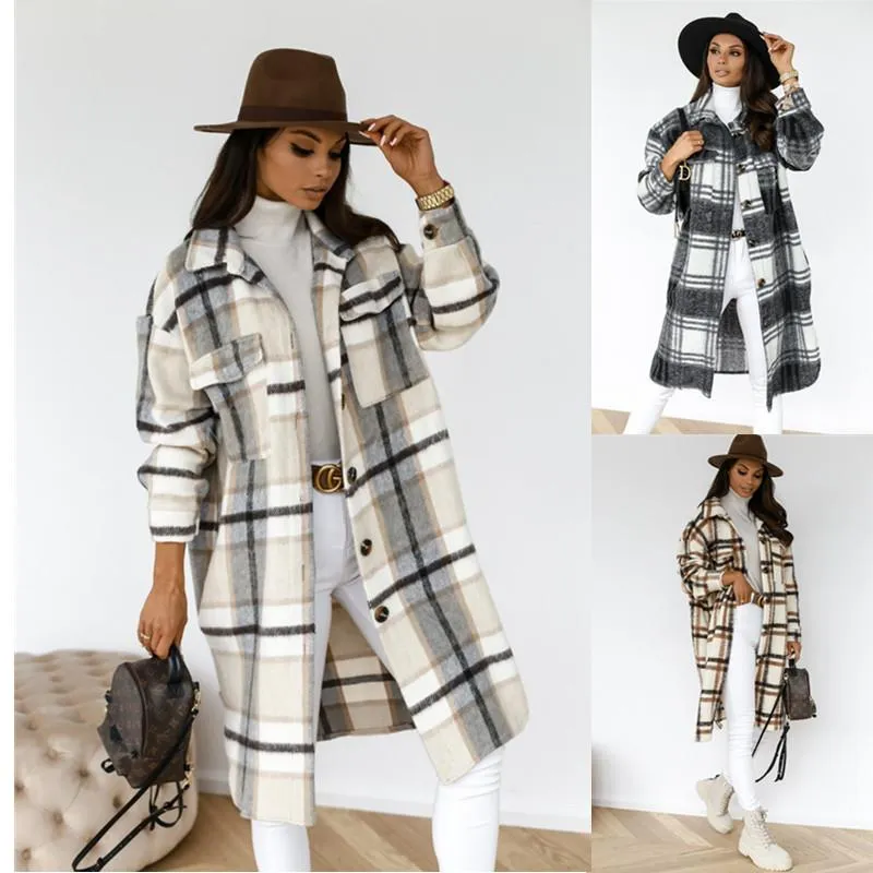 Winter Checked Women Wool Jacket Down Overcoat Warm Plaid Long Coat Oversize Thick Woolen Blends Female Streetwear