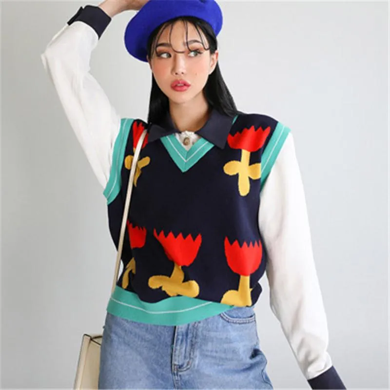 Vintage Woman Jersey Korean Casual V-Neck Hit Color Sleeveless Floral Sweater Vest Female Oversized All Match Waistcoat YYQX069