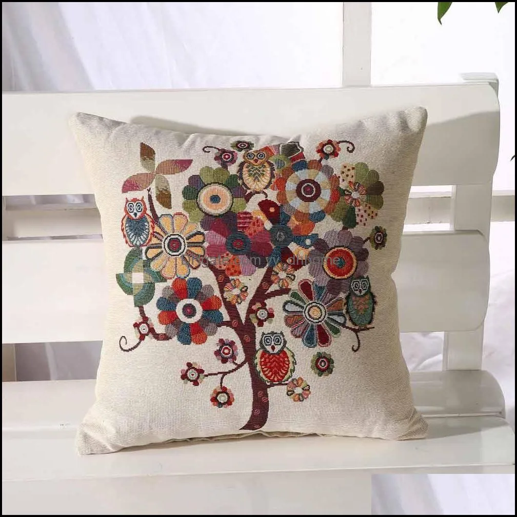 Jacquard Flower Cushion Cover Cotton Linen Owl Pattern Room Decorative Square Sofa Pillow Cover Cases 45x45cm