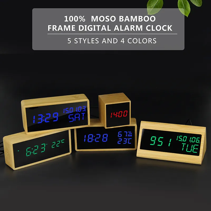 100% Bamboo Digital Alarm Clock Wooden LED Table Clock Electronic Despertador Desk Brightness Voice Snooze Control Temperature 201119