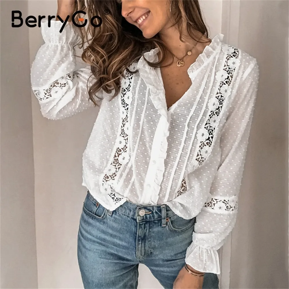 Berrygo Lato Kwiat Bawełna Biała Bluzka Vintage Hollow Out Female Office Damskie Topy Casual Koronki Z Długim Rękawem Bluzki Koszule LJ200813