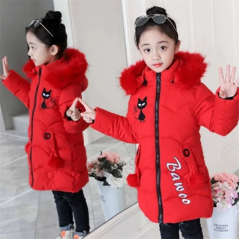 Girls Winter Down Jackets Children's Thick Winter Clothin Cartoon Cat Warm Coats Thick Parka Kids Winter Outerwear Windproof LJ201017