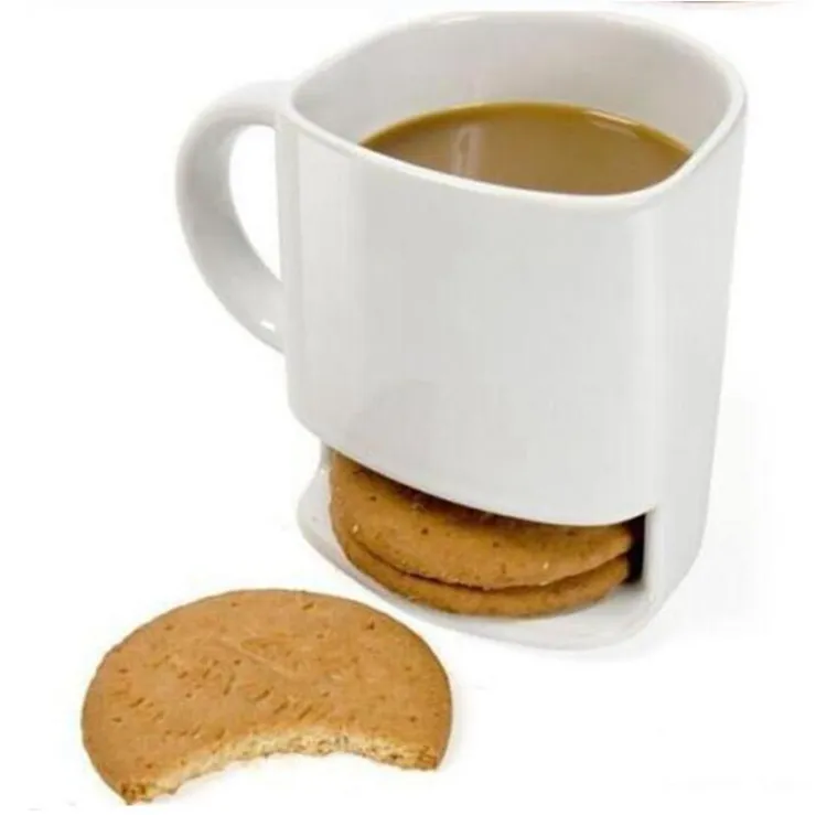 White Glazed Ceramic Mug Coffee Tea Biscuits Milk Dessert Cup TeaCup Side Cookie Pockets Holder For Home Office 250ML WQ86-WLL