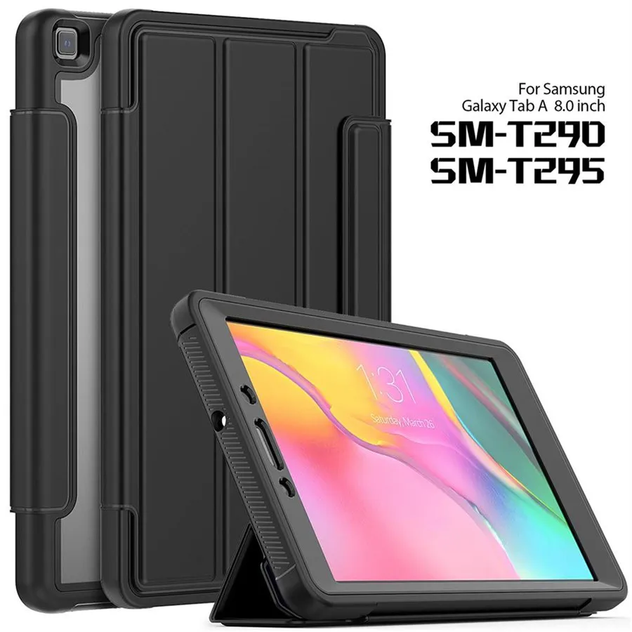 Clear Hard Back PC Folio Ochronny Stojak Obudowa Inteligentna okładka Auto Sleep / Wake for Samsung Galaxy Tab a 8,0 Case (2019), SM-T290 / T295 / T297