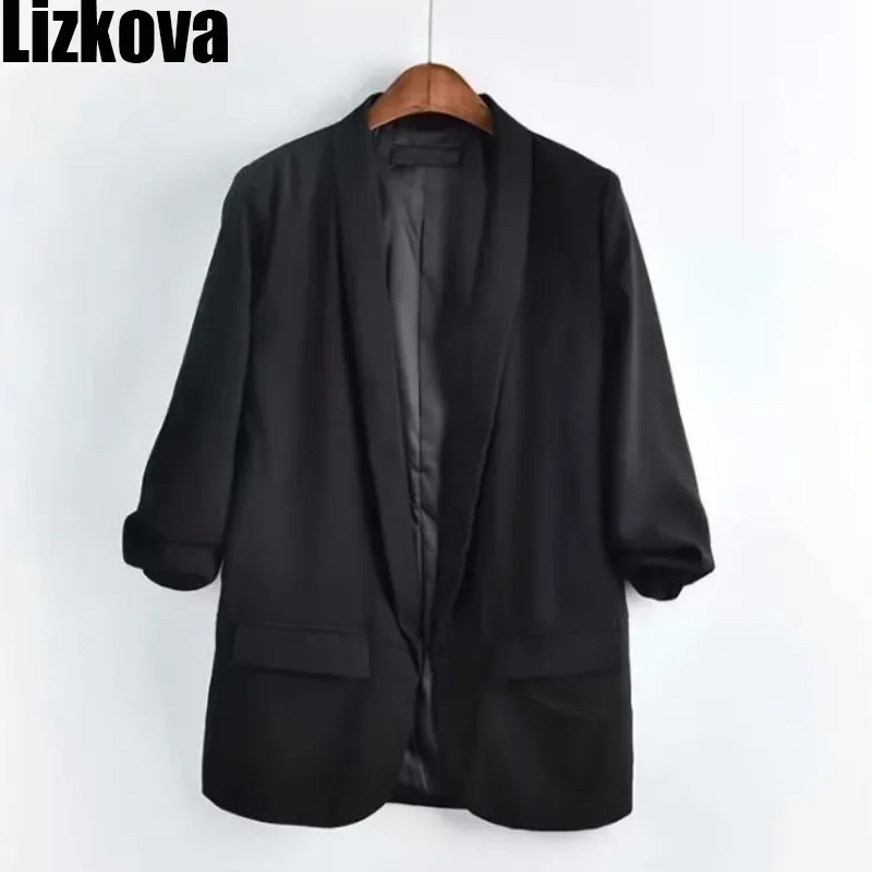 Lizkova Black Fina Blazer Mulheres Três Quarter Sleeve Jacket Pequeno Terno Escritório Senhora Solta Blazer 201023
