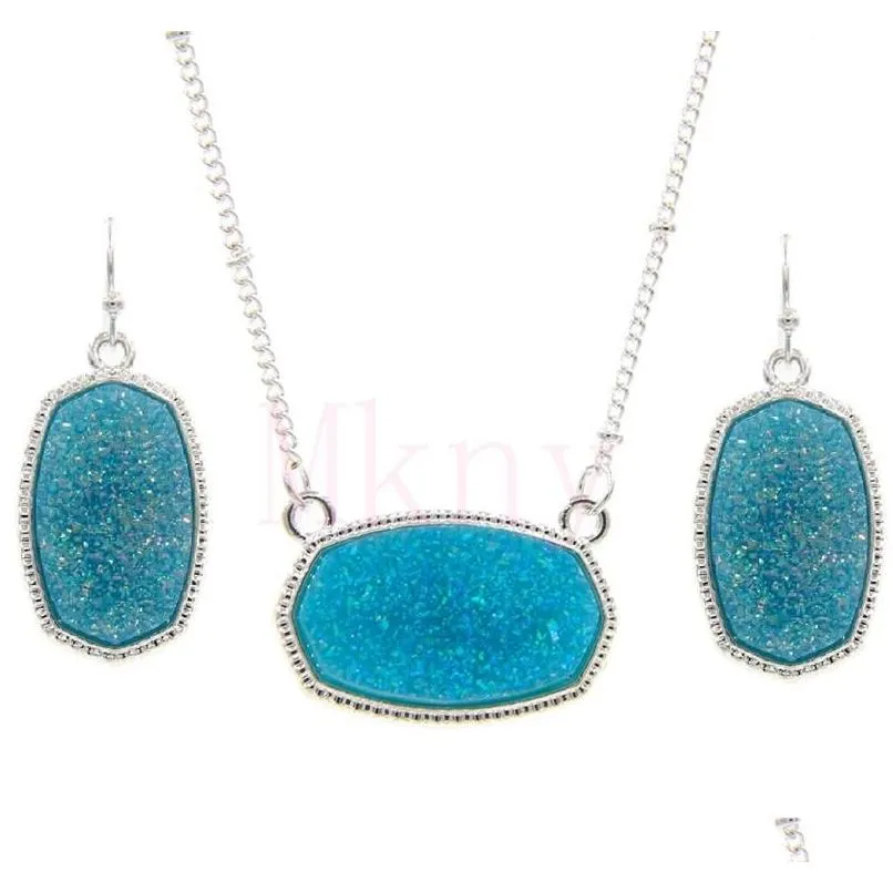 oval style resin drusy druzy silver necklace earings luxury designer jewelry set for women wedding party gift christmas