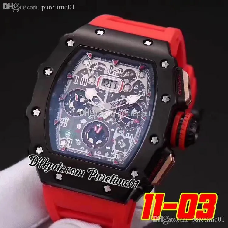 2022 Orologio da uomo automatico Miyota Acciaio PVD Tutto nero Big Date Quadrante scheletro verde nero Cinturino in caucciù rosso Super Edition 5 Stili Puretime01 03BG-b2