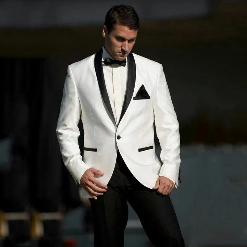 Najnowsze Projekt One Button White Wedding Men Garnitury Szal Lapel Dwa kawałki Business Groom Tuxedos (Kurtka + Spodnie + Krawat) W1297