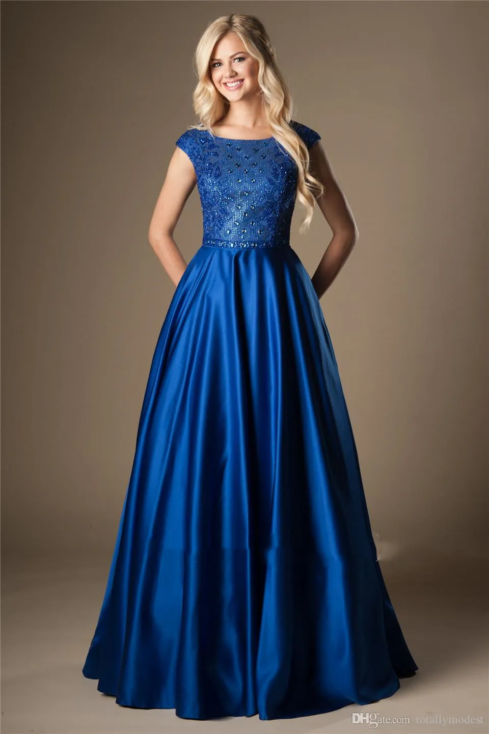 Cap Sleeve Red Satin Long Prom Dress with Beaded Bodice
