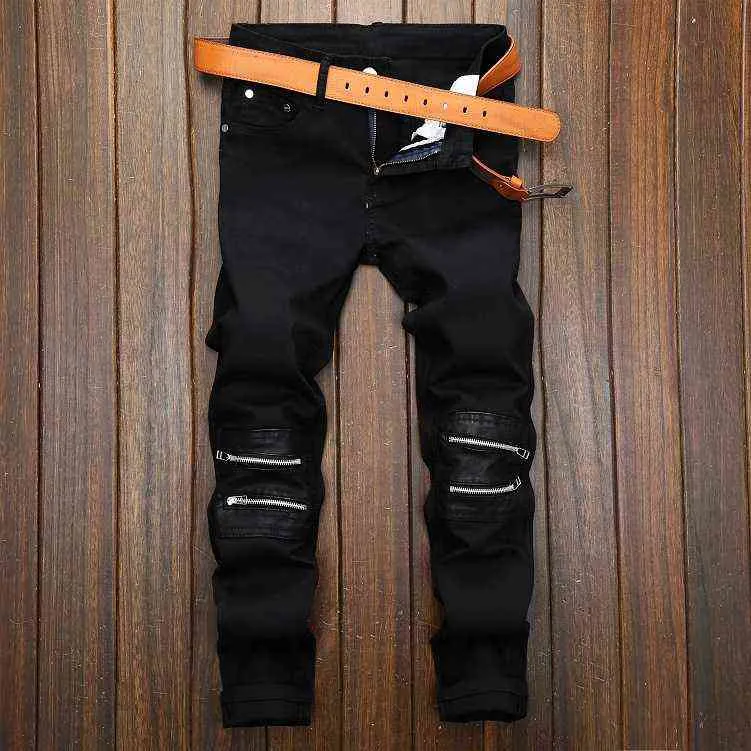 Men Hip Hop Jeans Motorcycle Biker Design Fashion Patchwork Zipper Streetwear Denim Pants Masculina Male Autumn Black jeans