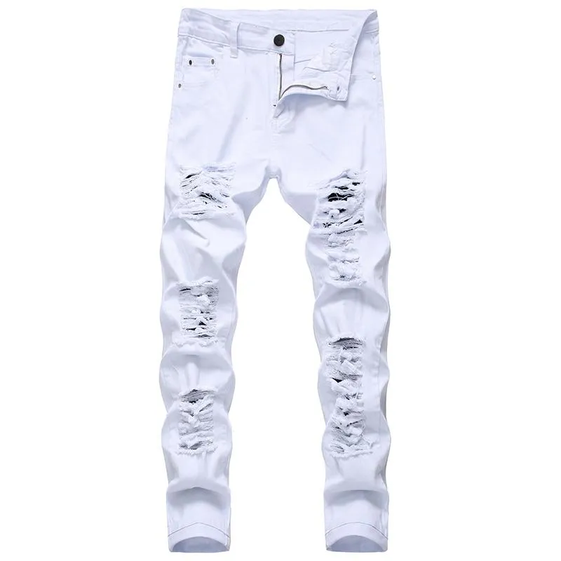 Heren Wit Zwart Distressed Holes Skinny Jeans Volledige lengte Denim Broek Street Style Broeken Groothandel PIJ8