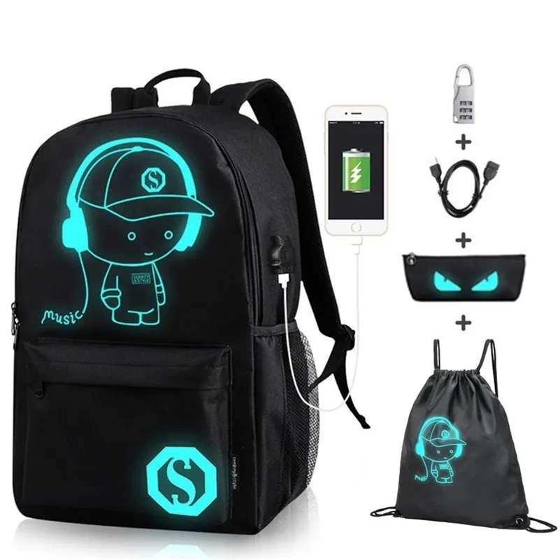 2020 mode sacs à dos étudiant animation lumineuse sacs d'école pour garçon fille adolescent USB Charge ordinateur anti-vol ordinateur portable LJ201029
