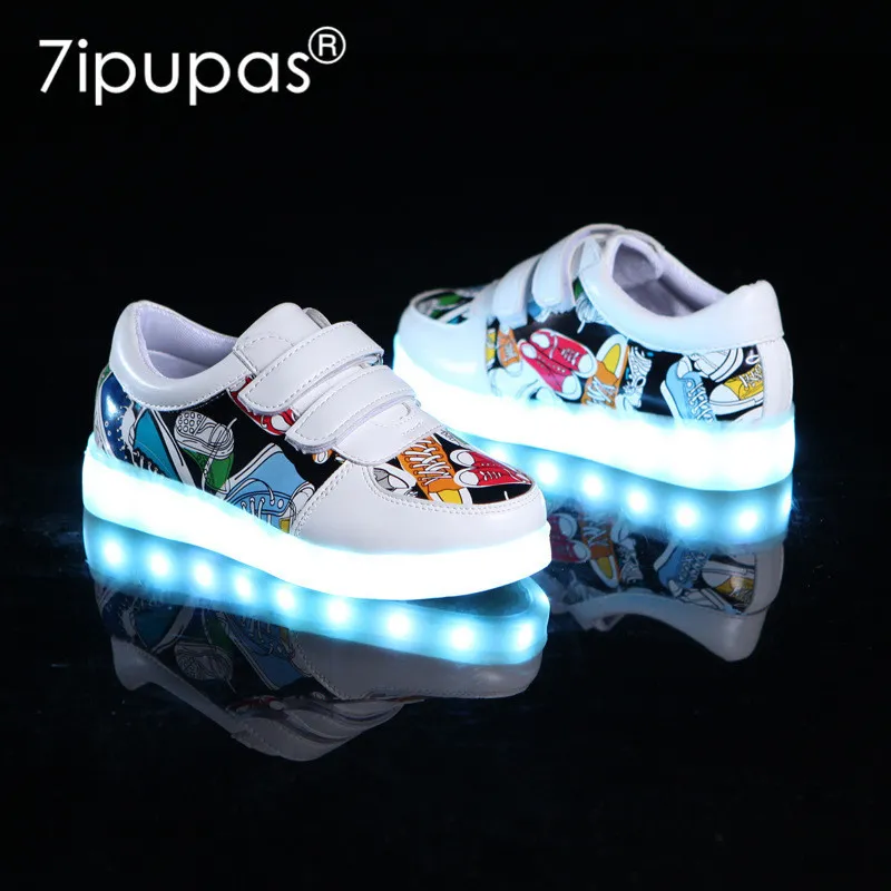 7ipupas novos sapatos luminosos infantis usb sapatos de carregamento menino meninas padrão de lona diodo emissor de luz sapatos 7 cores tênis brilhantes ao ar livre lj200907