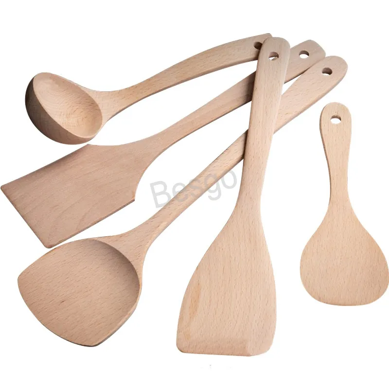 Set di Utensili da Cucina in Legno di Teak, Pentola Antiaderente a Fondo Piatto, Cucchiaio e Spatola in Legno Adatti per l'Uso Quotidiano Domestico