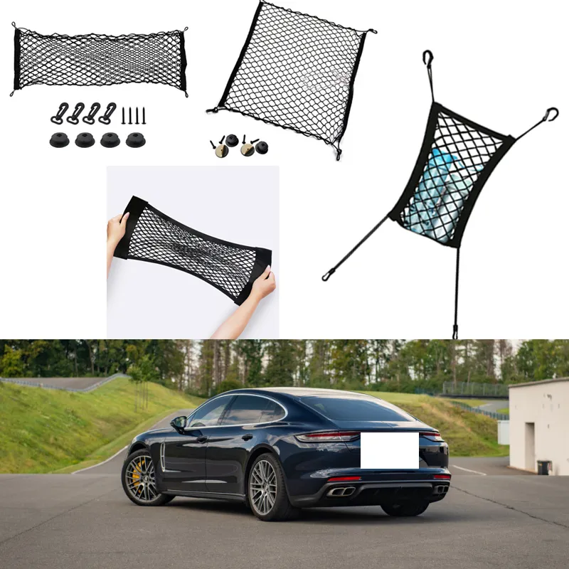 För Porsche Panamera Modell Auto Car Black Bakre Trunk Cargo Bagage Organizer Storage Nylon Vertikal Säte Nät