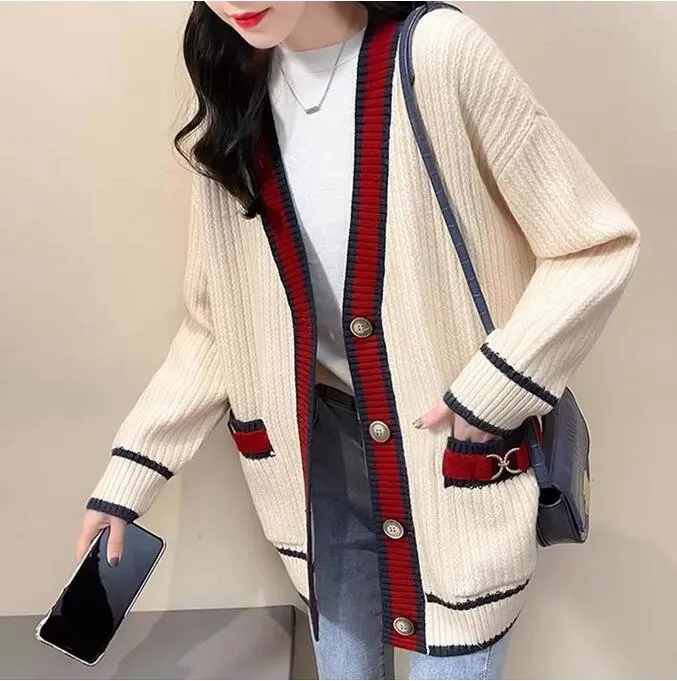4 색 여성 퓨어 컬러 카디건 디자이너 셔츠 스웨터 가을 겨울 프린트 스티치 니트 작은 달콤한 바람 코트 카디건 패션 메디