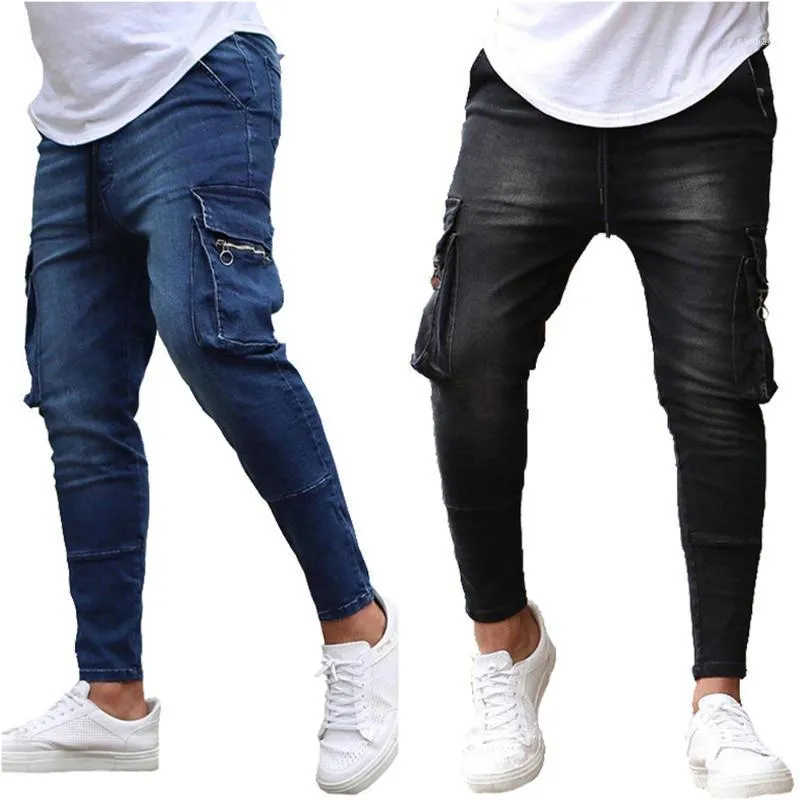 Homens jeans casuais masculinos rasgados jeans magro masculino moda calças de motociclista magro com bolso jean azul vestuário1