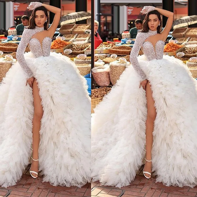 Gorgeous White Tulle Wedding Dress A Line One Shoulder Robe De Mairee Sexy Gown High Slit Bridal Dresses Vestido De Novia