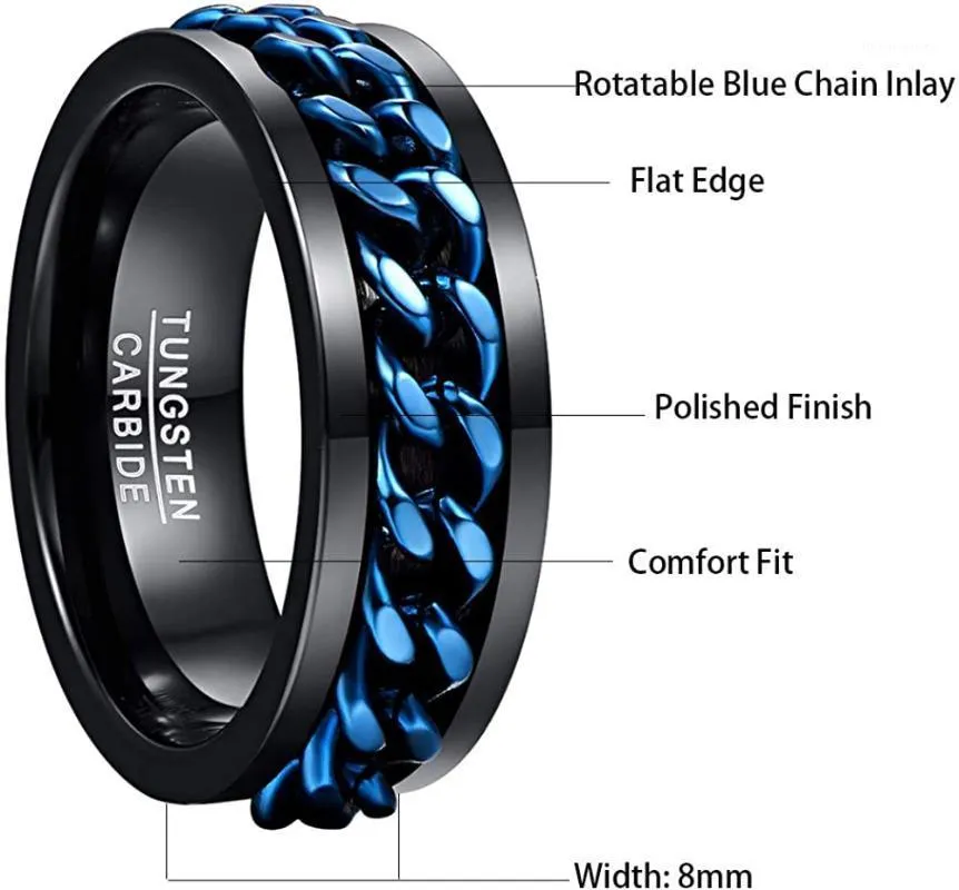 Wedding Rings Men's 8mm Tungsten Carbide Ring Black Steel With Blue Rotatable Chain Inlaid Comfort Fit Size 6-121