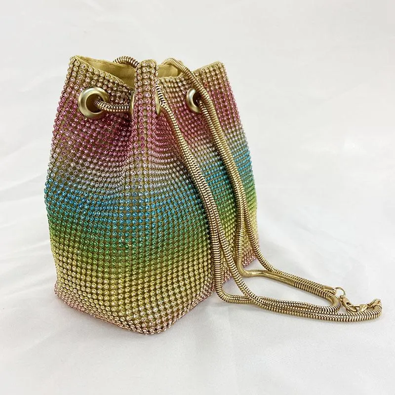 Color water diamond Dinner Bag changing color bucket bag alloy chain drawstring diamond evening handbag women's Cosmetic Bags