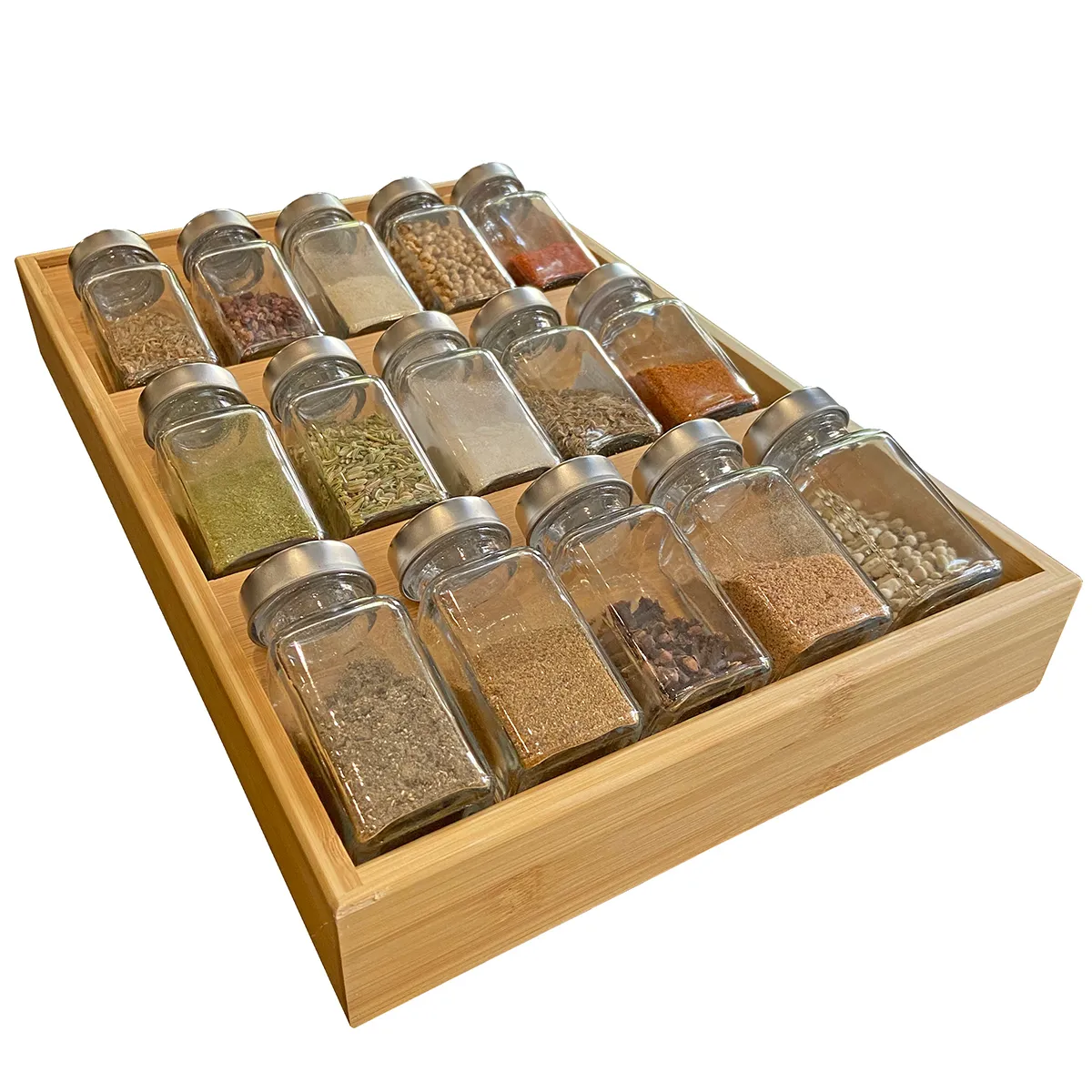 Bambu Spice Rack In-låda Kökskåp Spice 15 Flaskhållare Fack för lagring / Arrangör 3-Tierinsats
