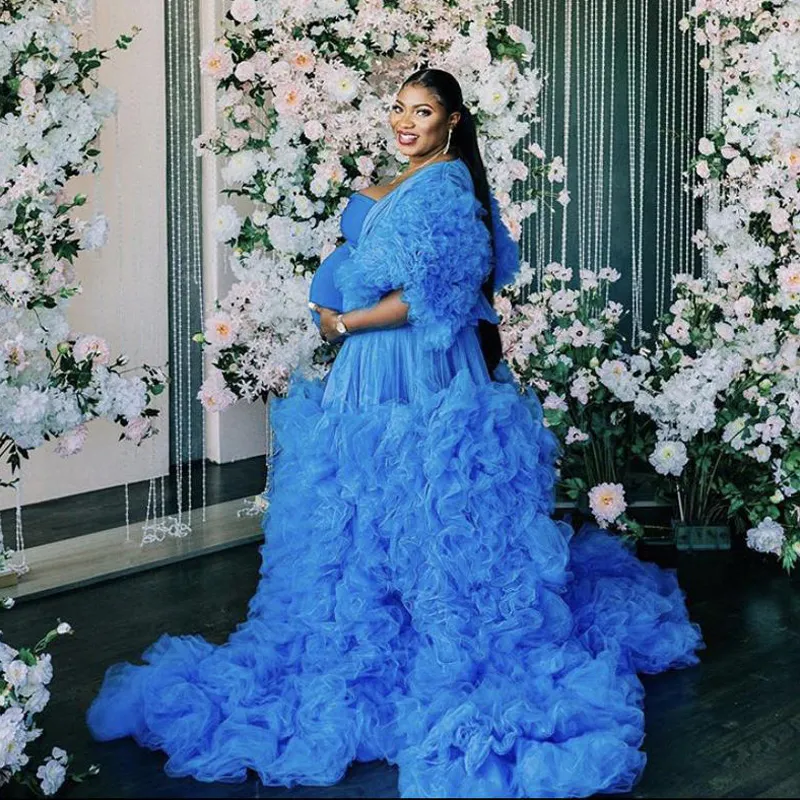 青い錯型マタニティチュール写真撮影ドレス妊娠中の女性長袖のフリル除去ブライダルパーティー誕生日ガウン
