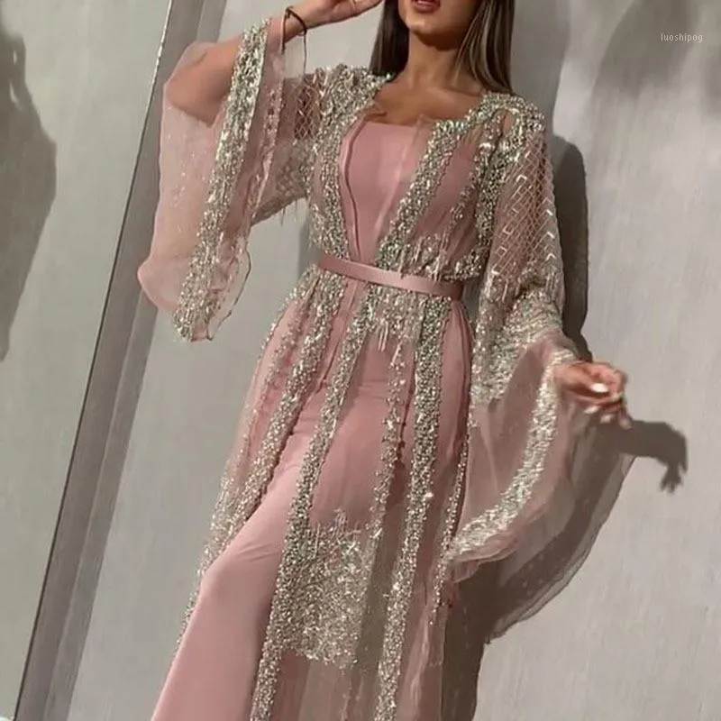 민족 의류 Abaya Dubai 무슬림 드레스 럭셔리 하이 클래스 스팽글 자수 레이스 라마단 KAFTAN 이슬람 기모노 여성 블랙 MAXI 20211