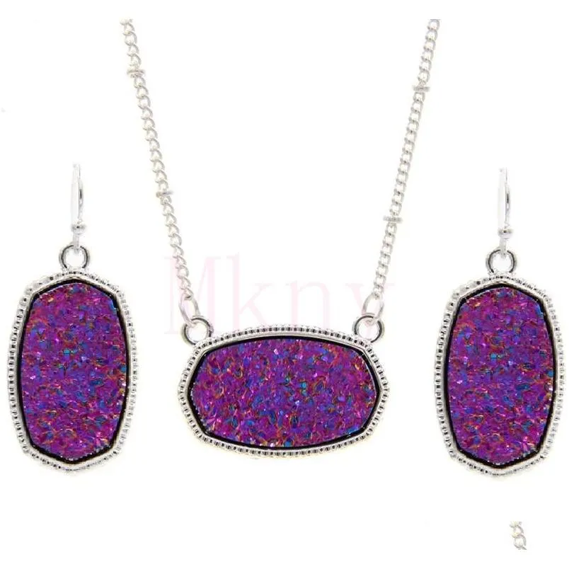 oval style resin drusy druzy silver necklace earings luxury designer jewelry set for women wedding party gift christmas