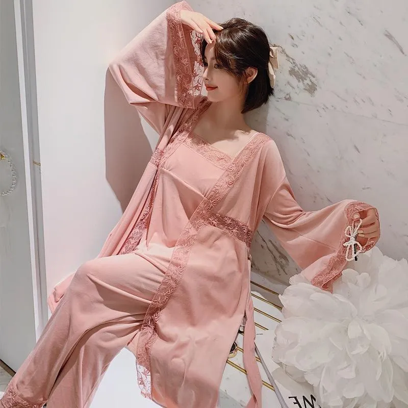 Winter nightwear Pajamas Set Women Soft Keep Warm Sexy Sleepwear PJs 3PCs Full Sleeve Strap Nightgown Bath Robe Lingerie Suit1257M